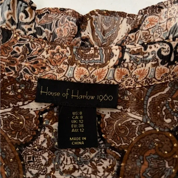 House Of Harlow 1960 Dress Boho Long Sleeve Mini Dress Brown Gold Sparkle size 8 - Picture 10 of 16